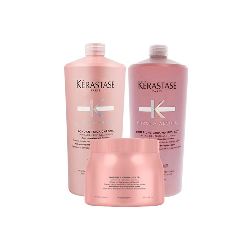 Kérastase Fondant Cica Chroma Shampoo 1000ml + Bain Riche Chroma Conditioner 1000ml + Masque Chroma Filler 500ml