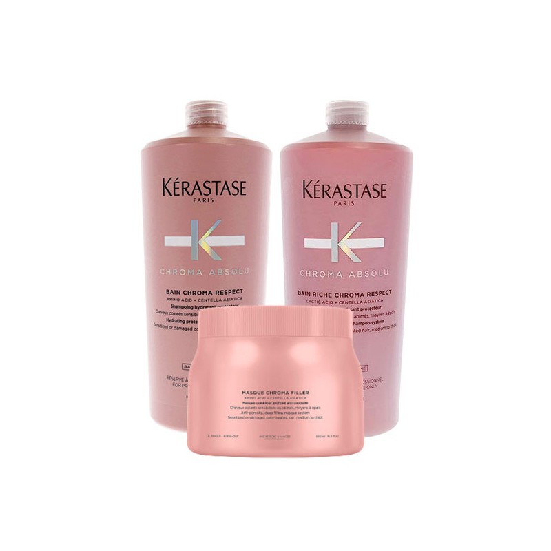 Kérastase Chroma Absolu Bain Respect Shampoo 1000ml + Riche Chroma Bain Respect Conditioner 1000ml + Chroma Filler 500ml