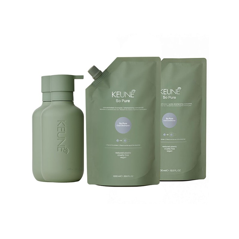 Keune So Pure Cool Shampoo 1000ml + So Pure Cool Conditioner 1000ml + So Pure Refill Bottle 1000ml