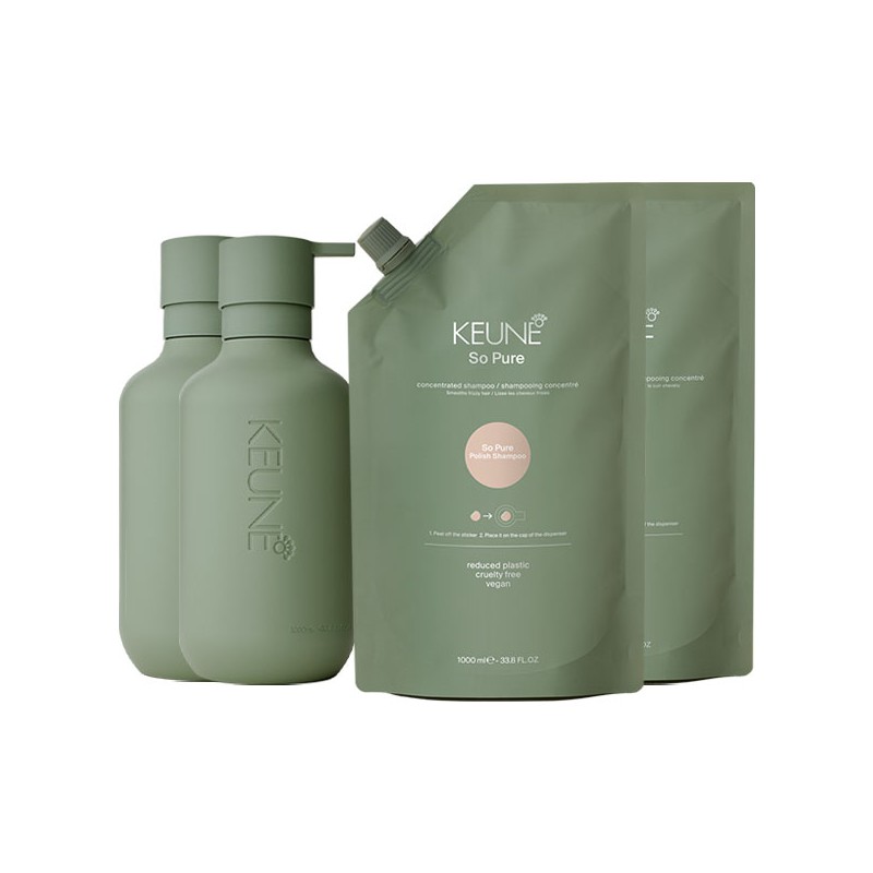 Keune So Pure Polish Shampoo 1000ml + So Pure Polish Conditioner 1000ml + So Pure Refill Bottle 1000ml