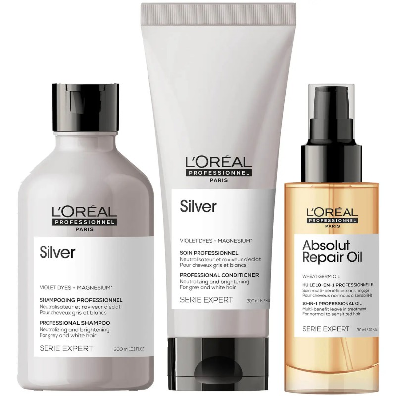 Loréal Professionnel Silver Shampoo 300ml + Conditioner 200ml + Absolut Repair Oil 90ml
